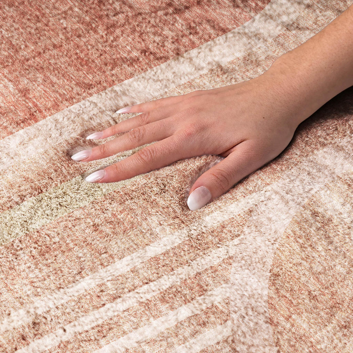 5' X 8' Salmon And Beige Geometric Shag Washable Area Rug With UV Protection - HomeRoots - Flyclothing LLC