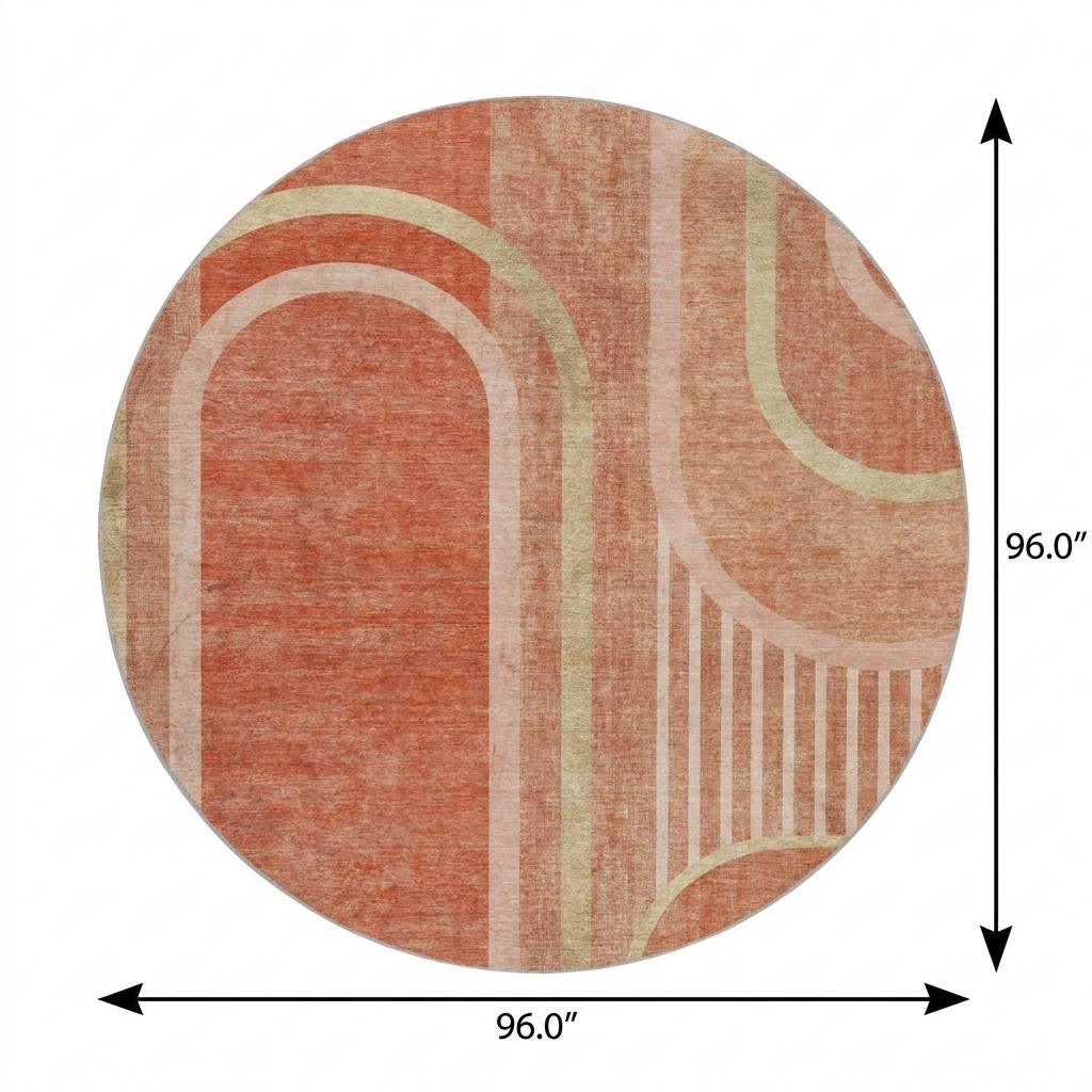 8' Salmon And Beige Geometric Shag Washable Round Rug With UV Protection - HomeRoots - Flyclothing LLC