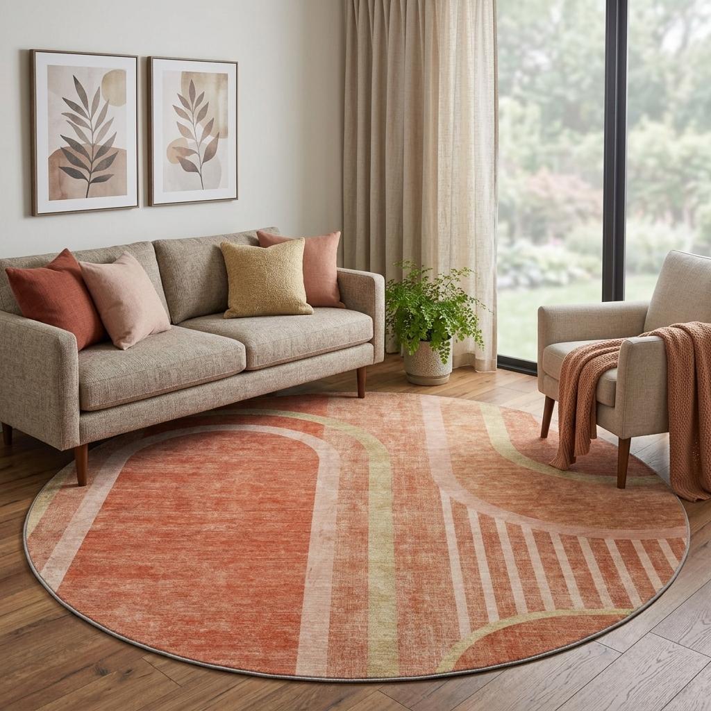 8' Salmon And Beige Geometric Shag Washable Round Rug With UV Protection - HomeRoots - Flyclothing LLC