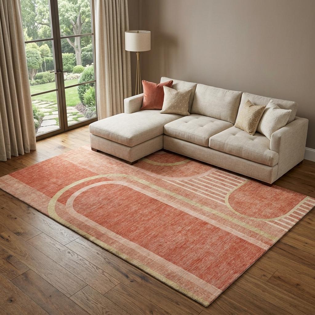 8' X 10' Salmon And Beige Geometric Shag Washable Area Rug With UV Protection - HomeRoots - Flyclothing LLC