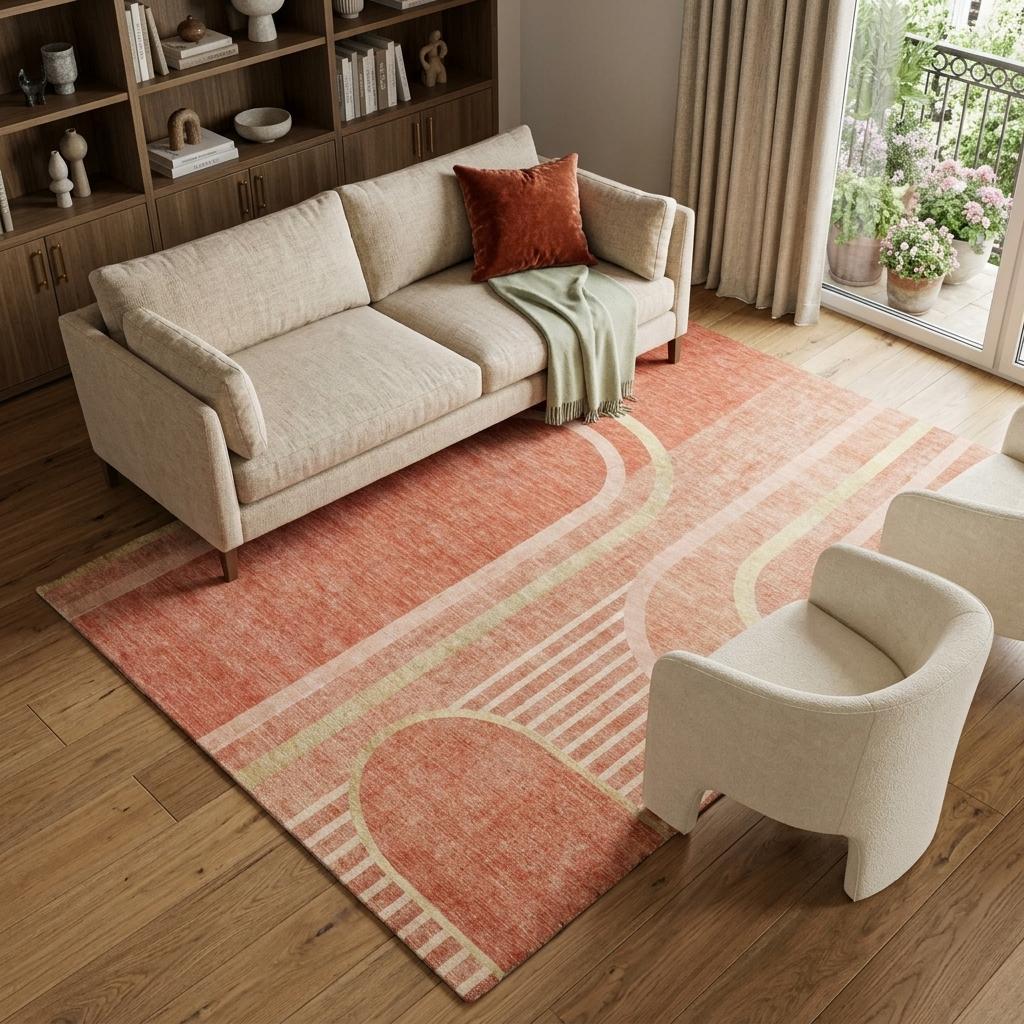 9' X 12' Salmon And Beige Geometric Shag Washable Area Rug With UV Protection - HomeRoots - Flyclothing LLC