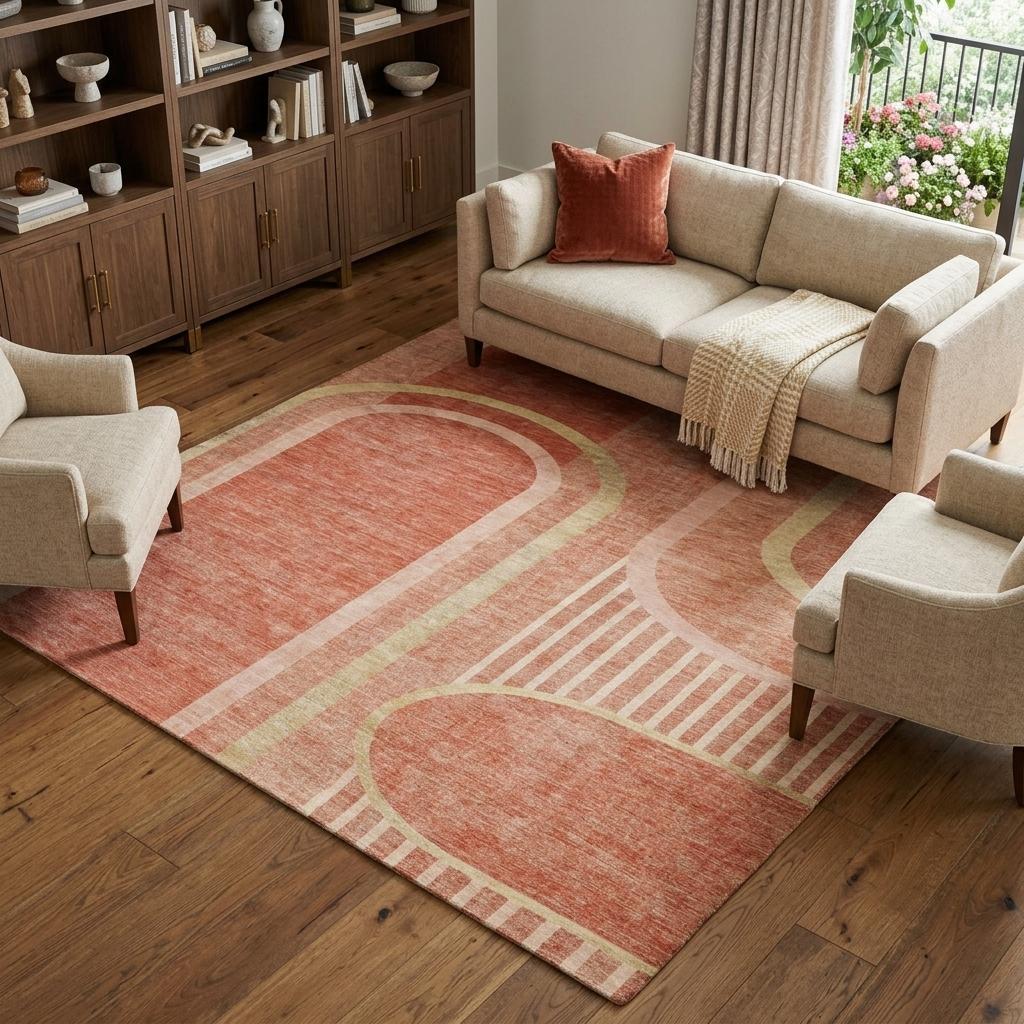 10' X 14' Salmon And Beige Geometric Shag Washable Area Rug With UV Protection - HomeRoots - Flyclothing LLC