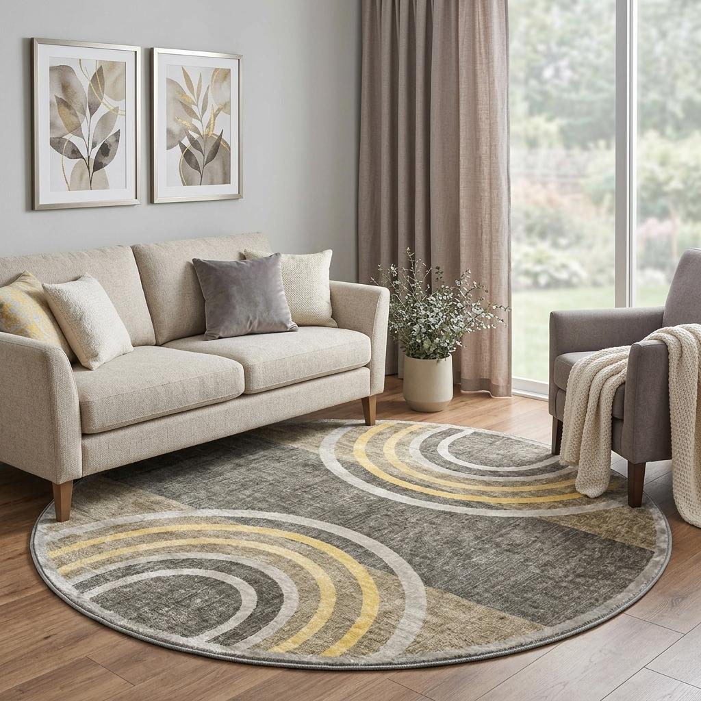 8' Taupe And Brown Geometric Shag Washable Round Rug With UV Protection - HomeRoots - Flyclothing LLC