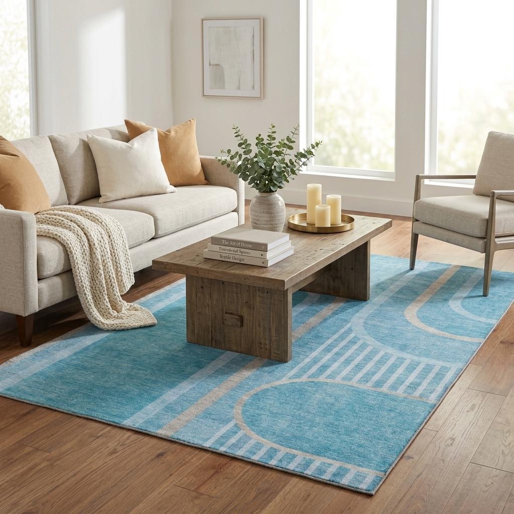 5' X 8' Teal And Denim Blue Geometric Shag Washable Area Rug With UV Protection - HomeRoots - Flyclothing LLC