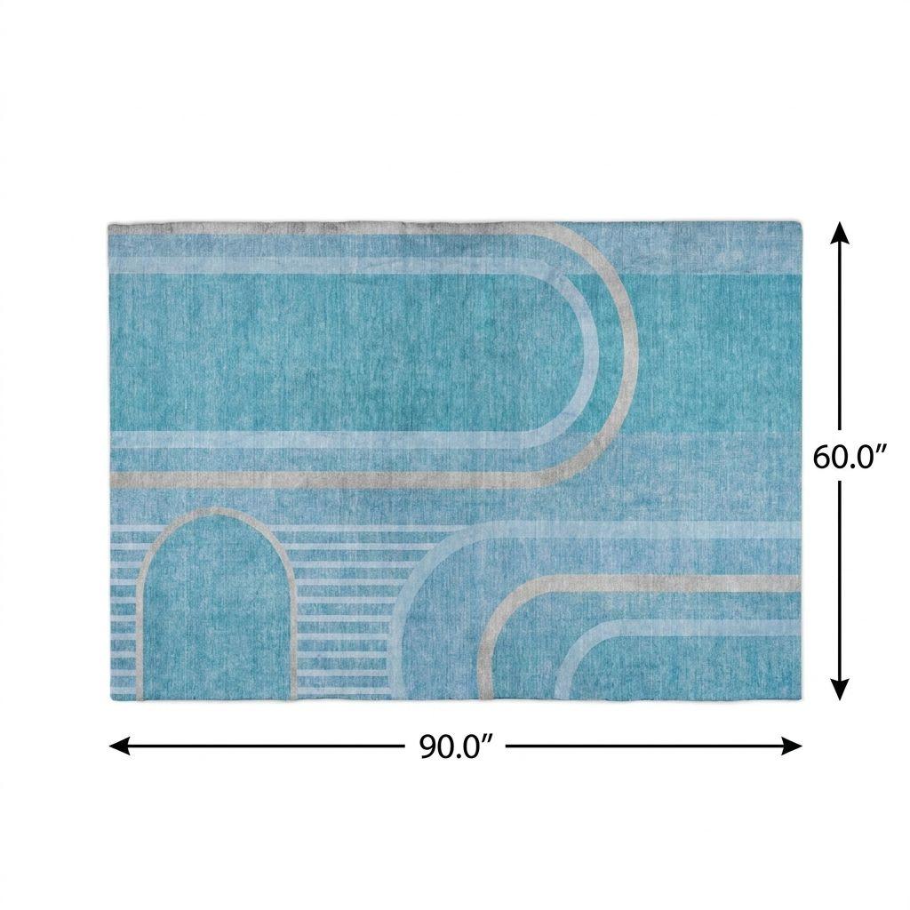 5' X 8' Teal And Denim Blue Geometric Shag Washable Area Rug With UV Protection - HomeRoots - Flyclothing LLC