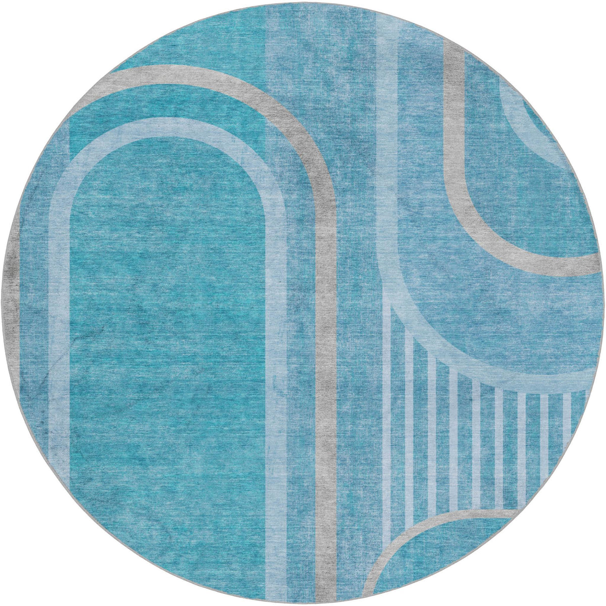 8' Teal And Denim Blue Geometric Shag Washable Round Rug With UV Protection - HomeRoots - Flyclothing LLC