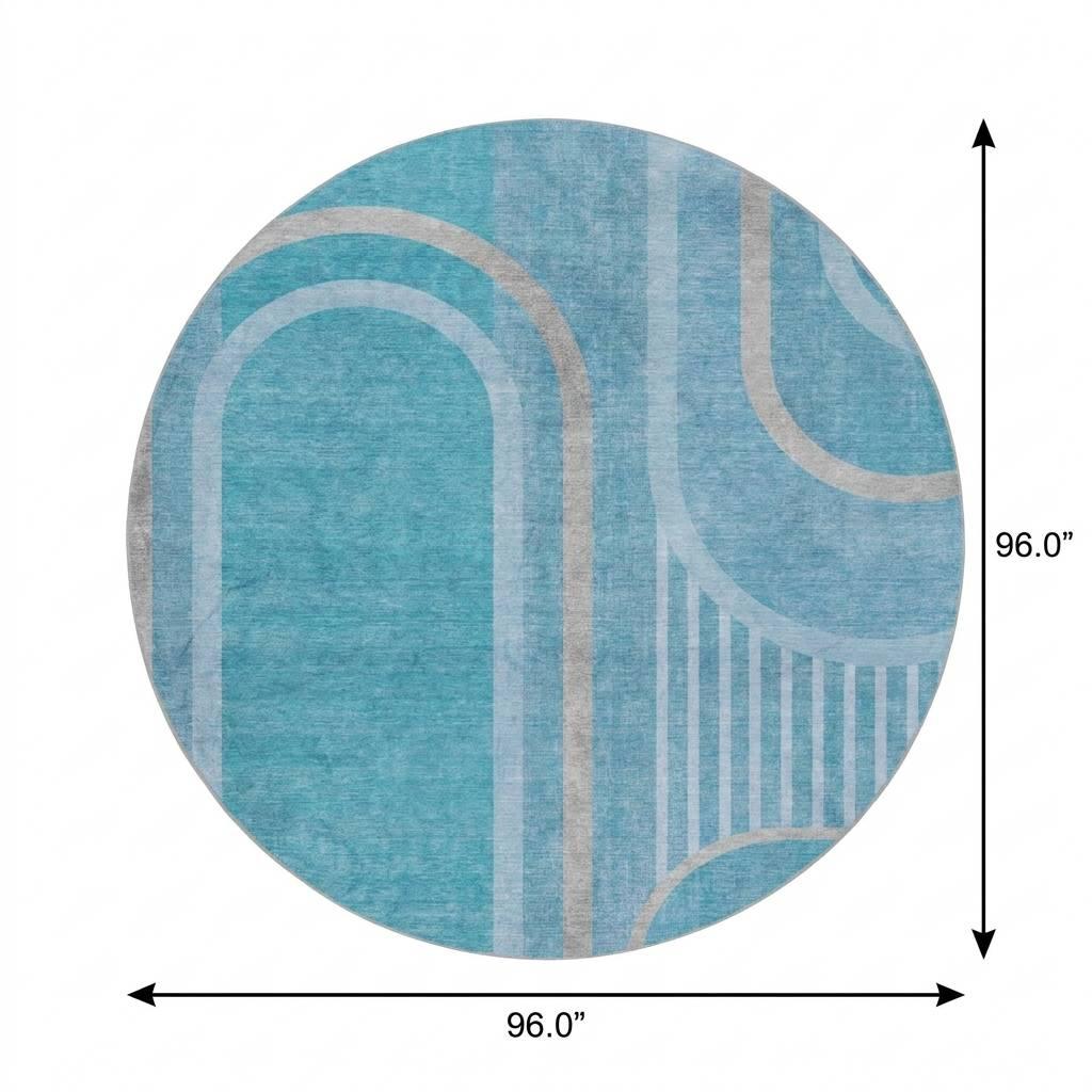 8' Teal And Denim Blue Geometric Shag Washable Round Rug With UV Protection - HomeRoots - Flyclothing LLC