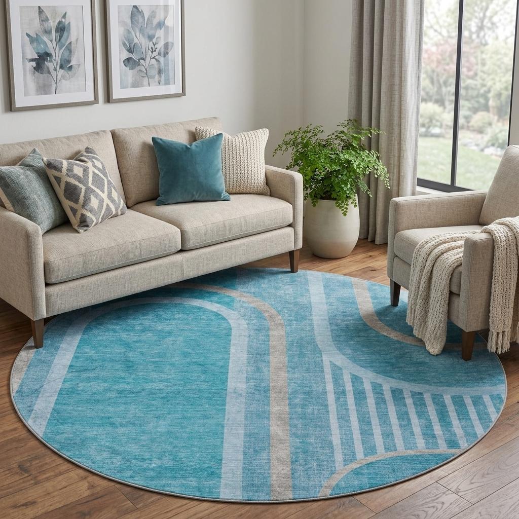 8' Teal And Denim Blue Geometric Shag Washable Round Rug With UV Protection - HomeRoots - Flyclothing LLC