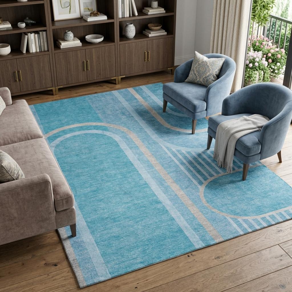 9' X 12' Teal And Denim Blue Geometric Shag Washable Area Rug With UV Protection - HomeRoots - Flyclothing LLC