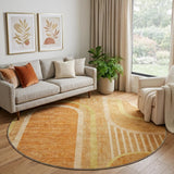 8' Terra Cotta And Gold Geometric Shag Washable Round Rug With UV Protection - HomeRoots - Flyclothing LLC