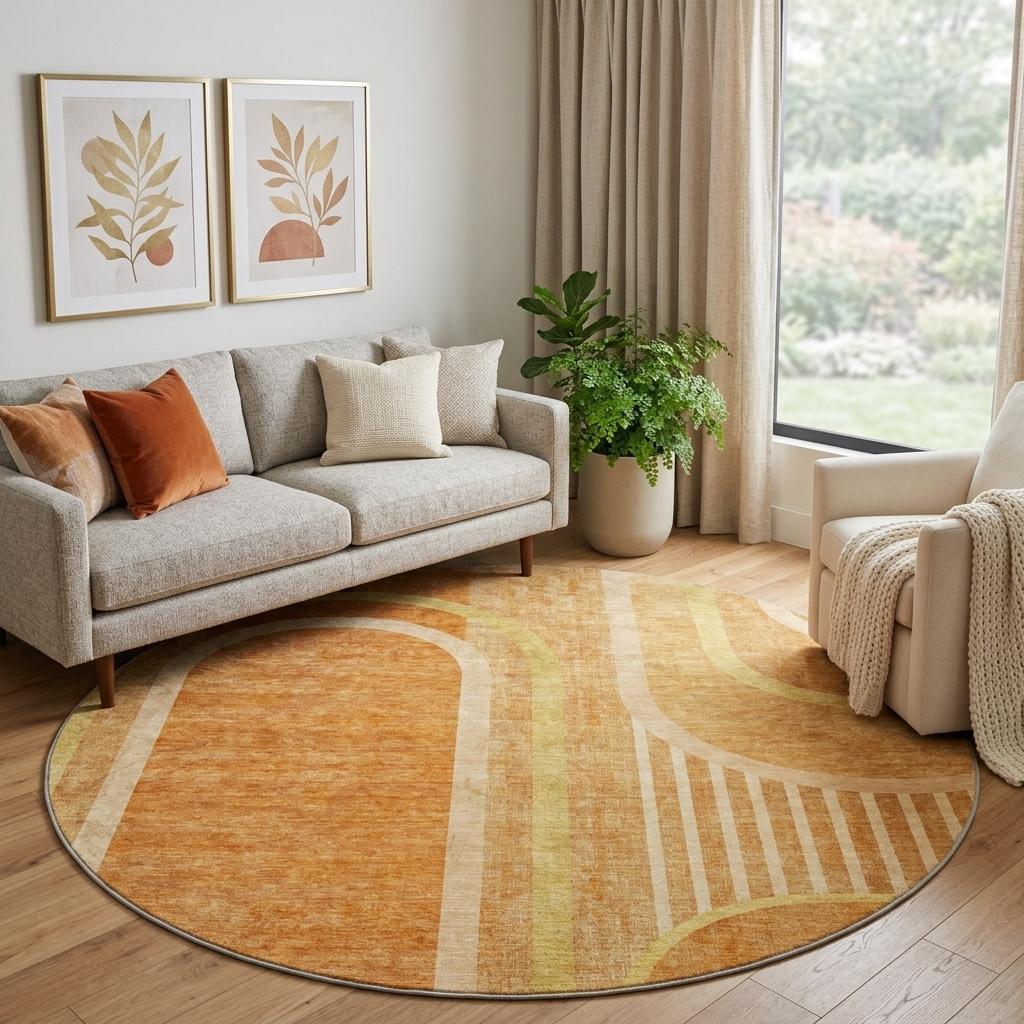 8' Terra Cotta And Gold Geometric Shag Washable Round Rug With UV Protection - HomeRoots - Flyclothing LLC