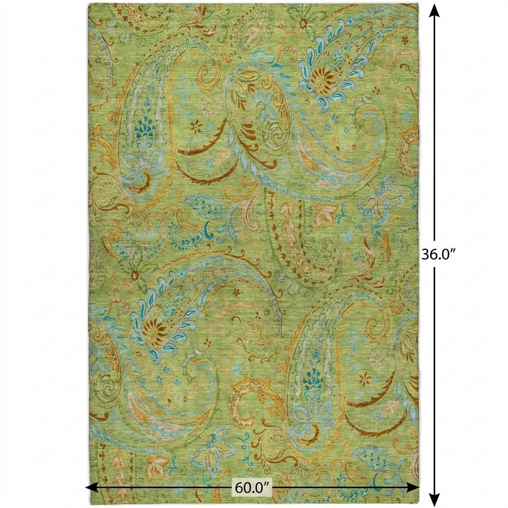 3' X 5' Green And Teal Paisley Shag Washable Area Rug With UV Protection - HomeRoots - Flyclothing LLC