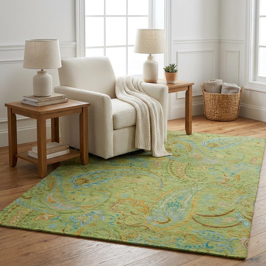 5' X 8' Green And Teal Paisley Shag Washable Area Rug With UV Protection - HomeRoots - Flyclothing LLC