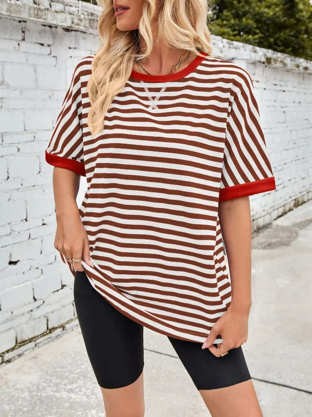 Lovelet Striped Round Neck Half Sleeve T-Shirt - Trendsi - Flyclothing LLC