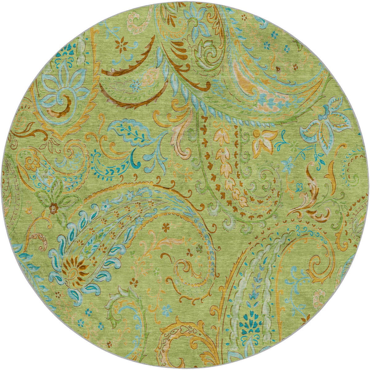 8' Green And Teal Paisley Shag Washable Round Rug With UV Protection - HomeRoots - Flyclothing LLC
