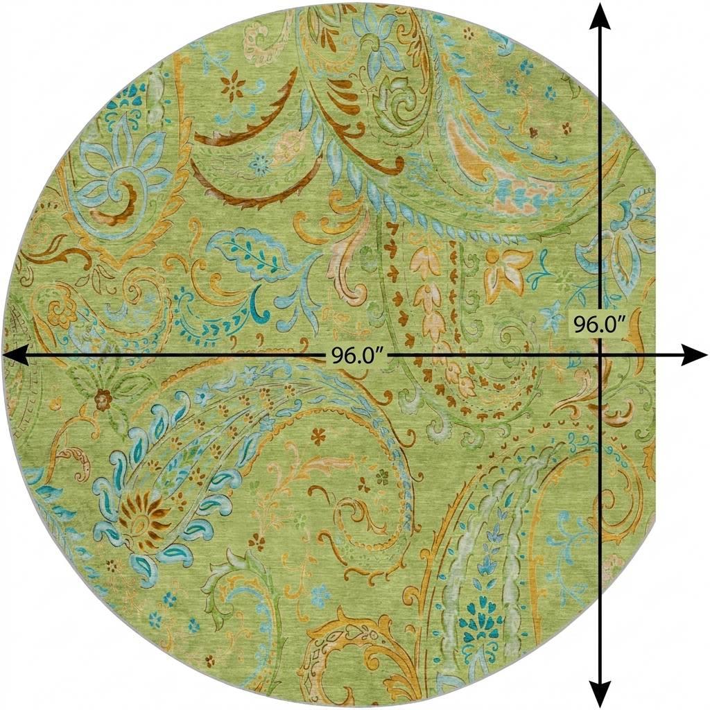 8' Green And Teal Paisley Shag Washable Round Rug With UV Protection - HomeRoots - Flyclothing LLC