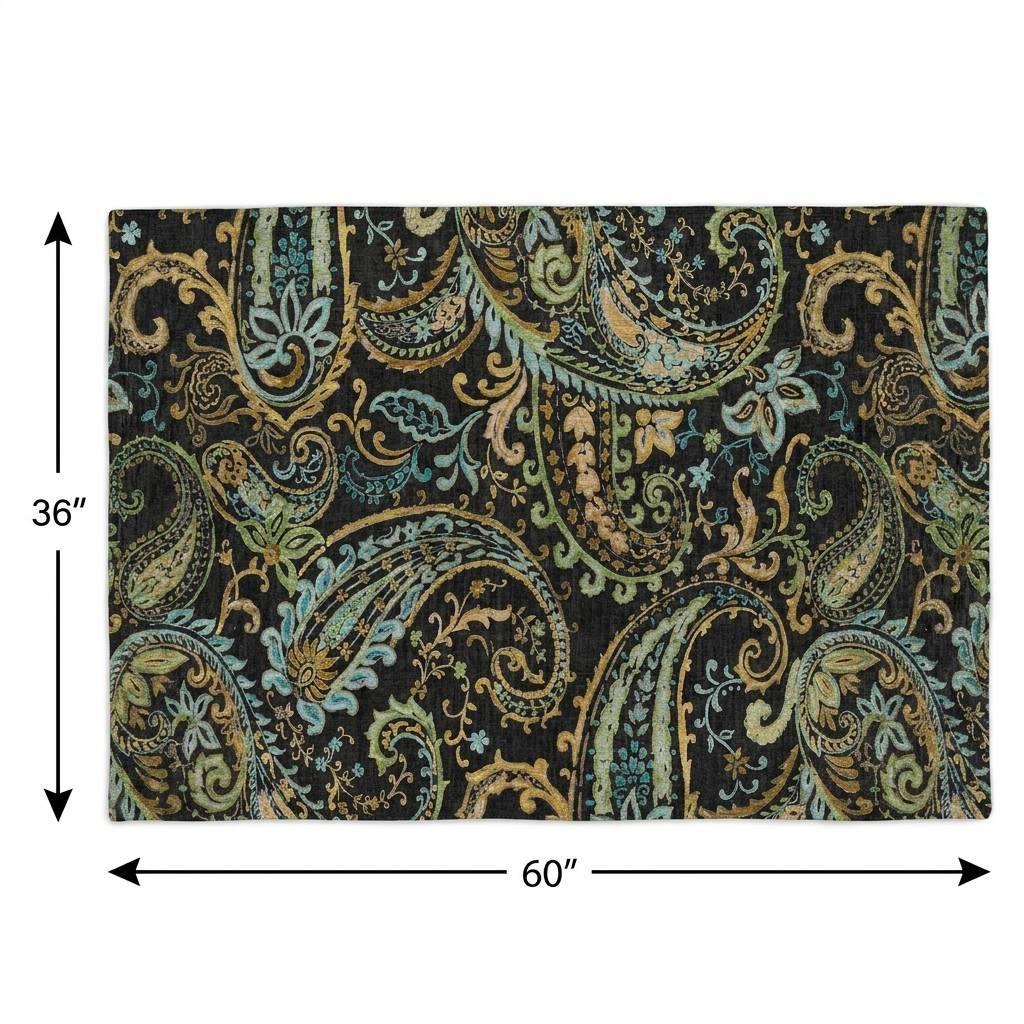 3' X 5' Black And Teal Paisley Shag Washable Area Rug With UV Protection - HomeRoots - Flyclothing LLC