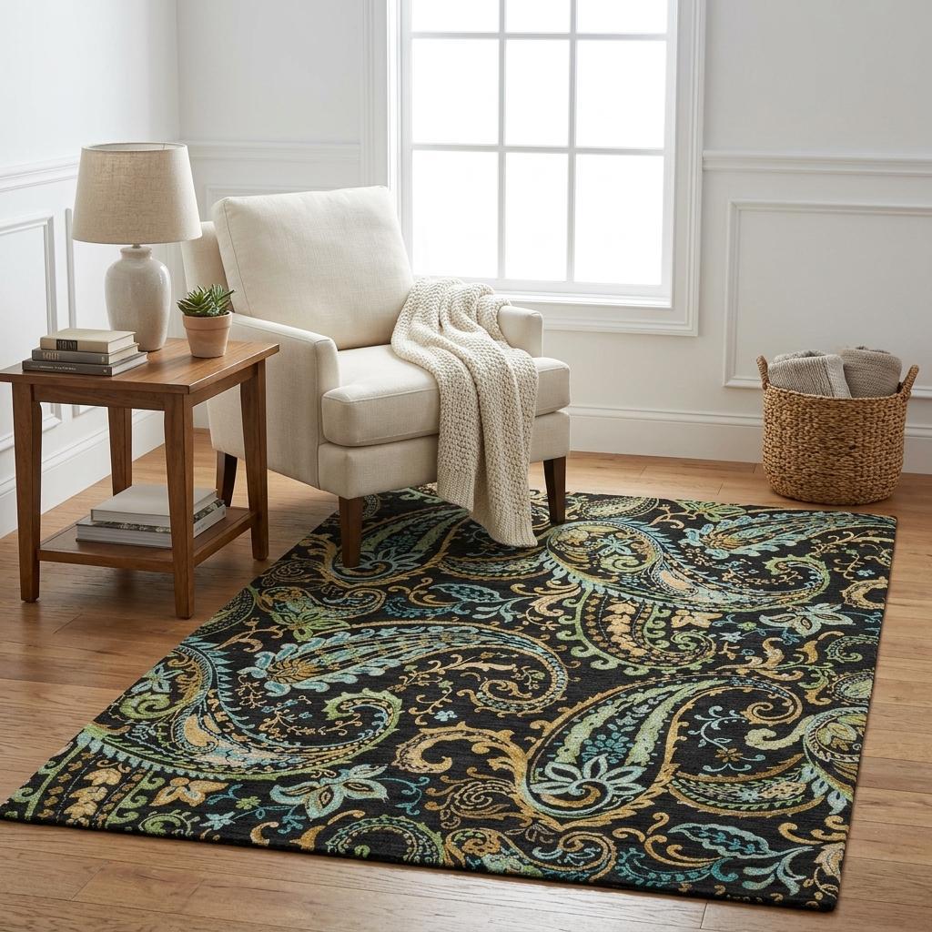 5' X 8' Black And Teal Paisley Shag Washable Area Rug With UV Protection - HomeRoots - Flyclothing LLC
