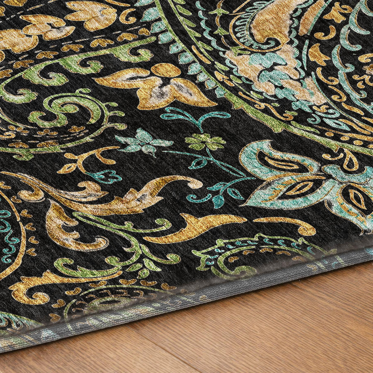 5' X 8' Black And Teal Paisley Shag Washable Area Rug With UV Protection - HomeRoots - Flyclothing LLC
