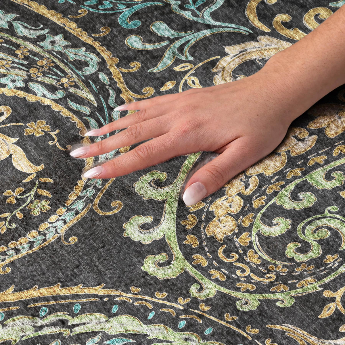5' X 8' Black And Teal Paisley Shag Washable Area Rug With UV Protection - HomeRoots - Flyclothing LLC