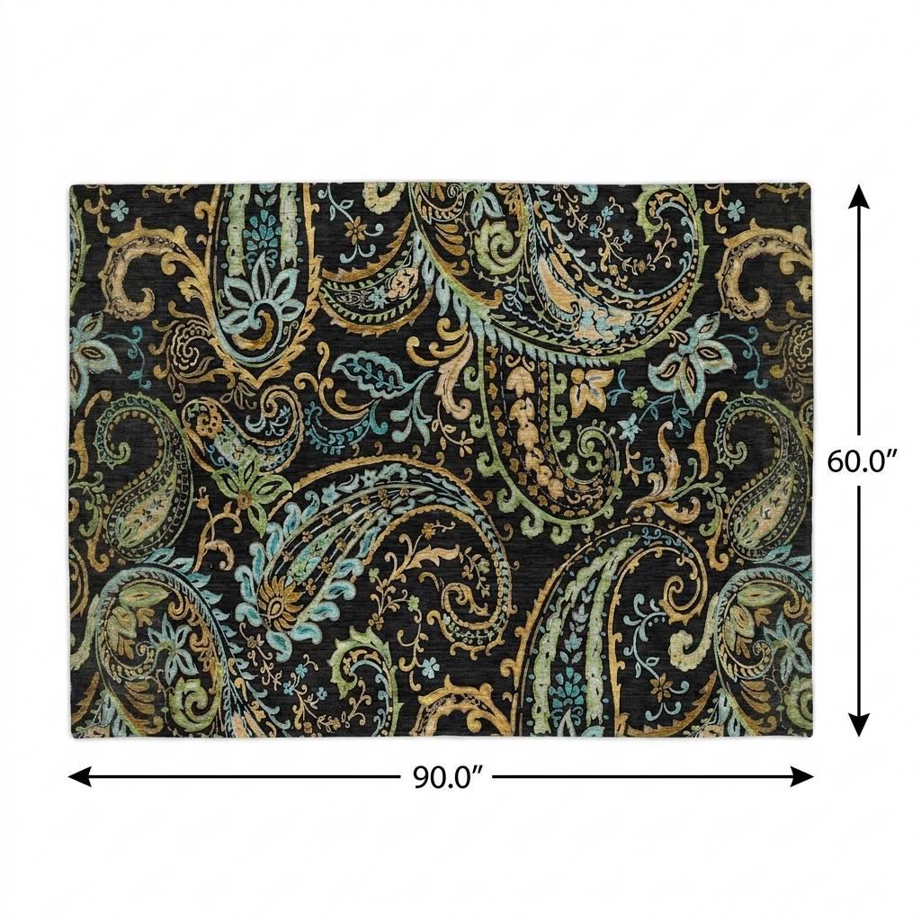 5' X 8' Black And Teal Paisley Shag Washable Area Rug With UV Protection - HomeRoots - Flyclothing LLC