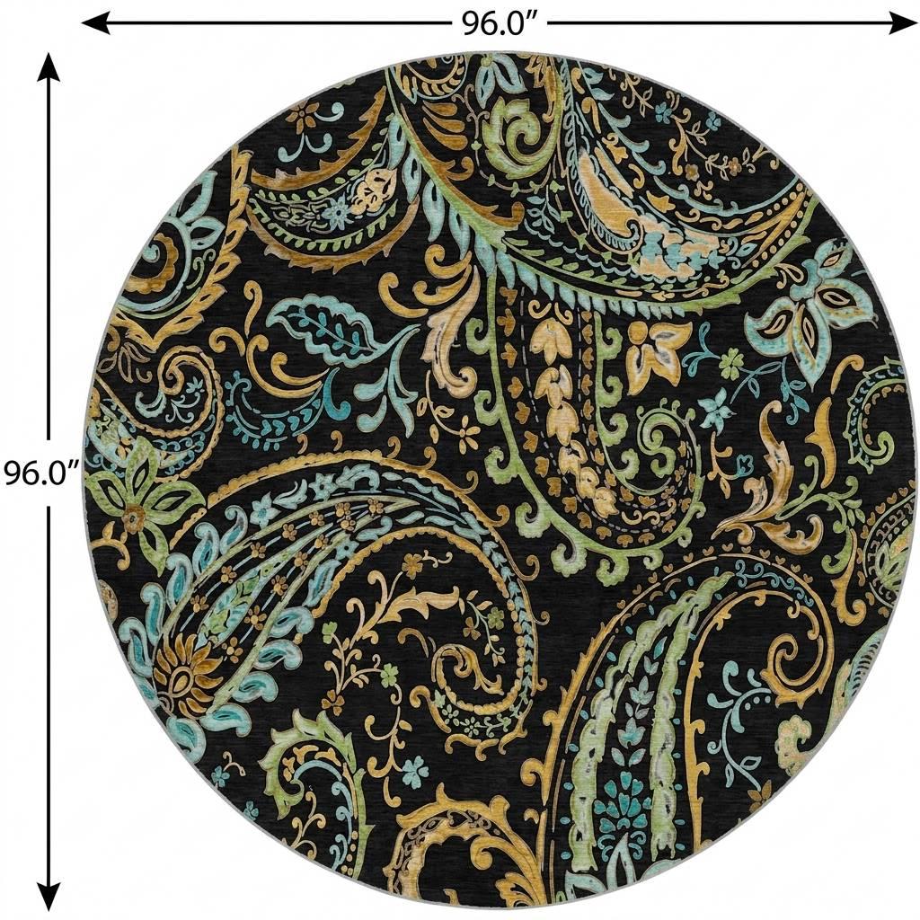 8' Black And Teal Paisley Shag Washable Round Rug With UV Protection - HomeRoots - Flyclothing LLC