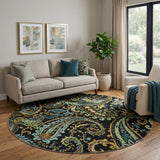 8' Black And Teal Paisley Shag Washable Round Rug With UV Protection - HomeRoots - Flyclothing LLC