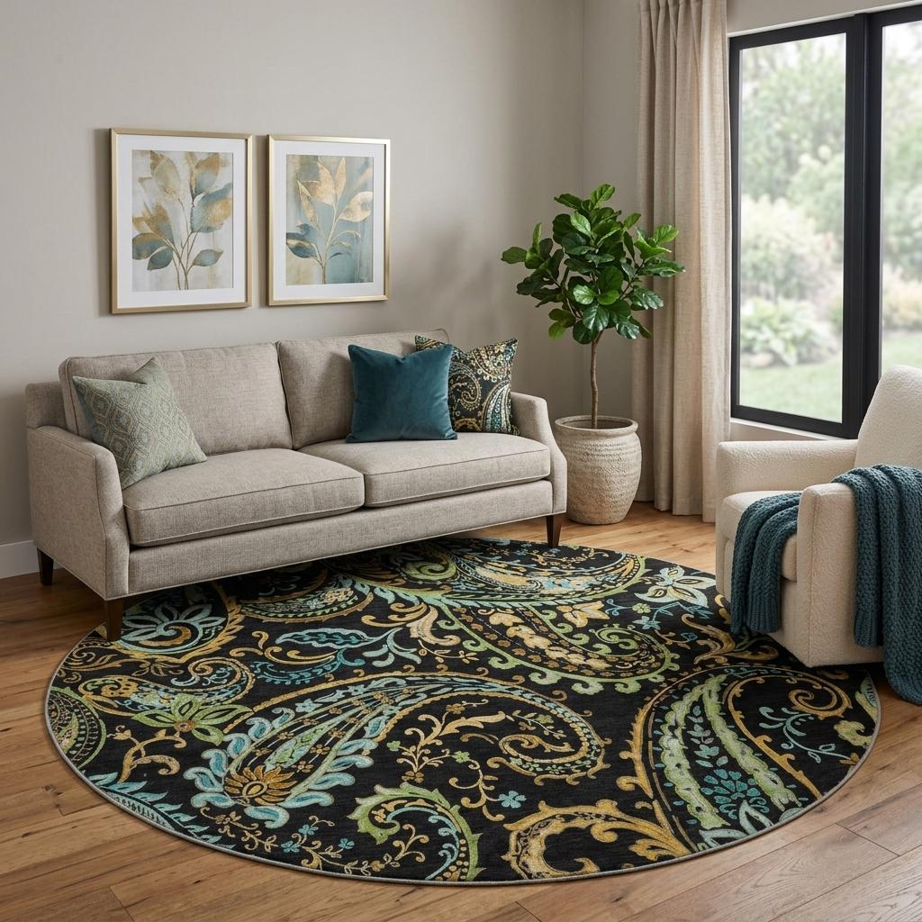 8' Black And Teal Paisley Shag Washable Round Rug With UV Protection - HomeRoots - Flyclothing LLC