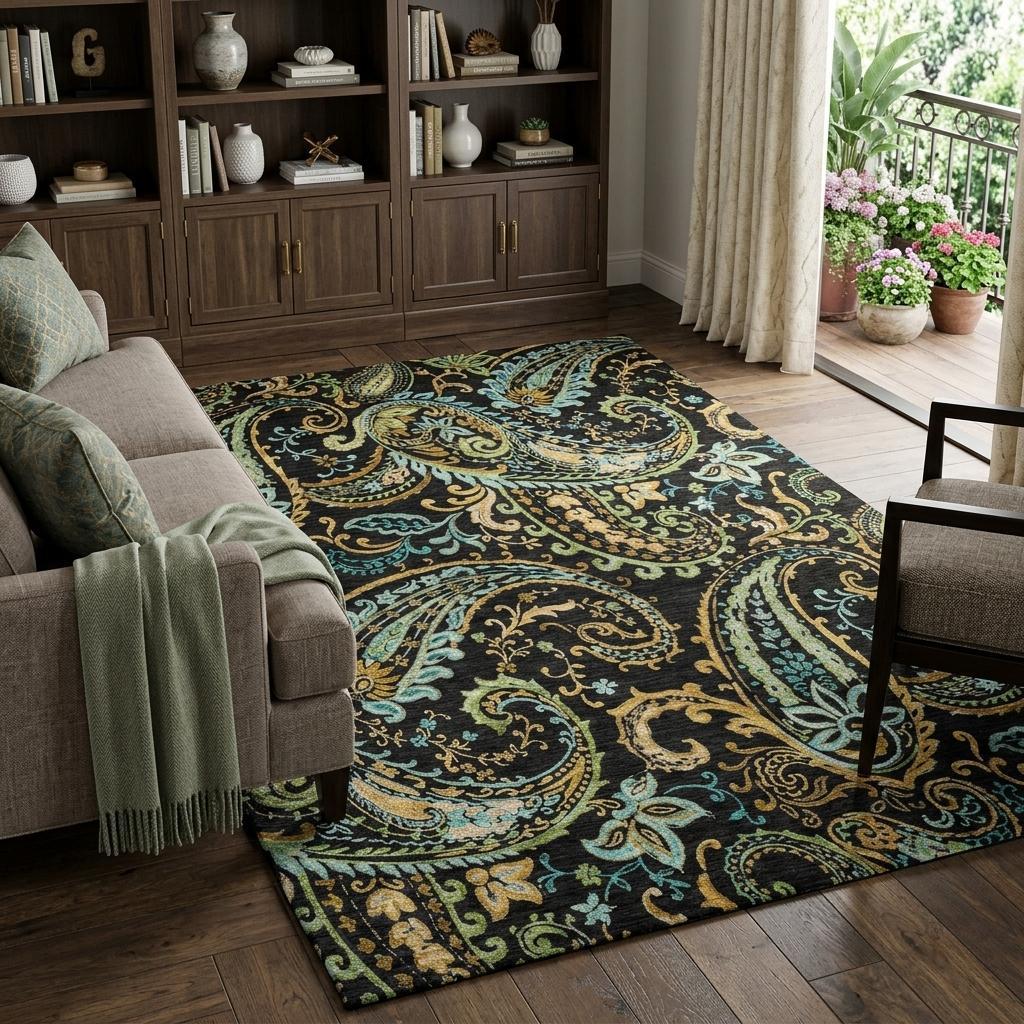 8' X 10' Black And Teal Paisley Shag Washable Area Rug With UV Protection - HomeRoots - Flyclothing LLC