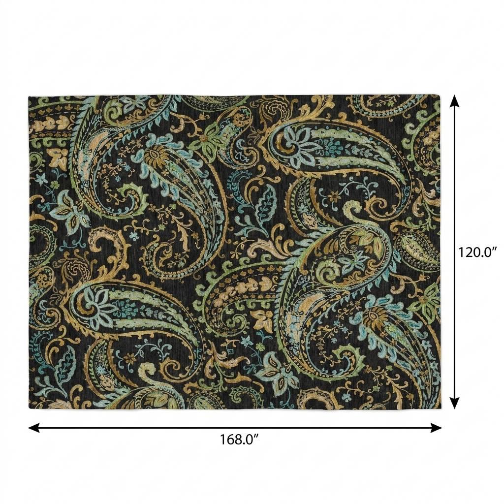10' X 14' Black And Teal Paisley Shag Washable Area Rug With UV Protection - HomeRoots - Flyclothing LLC