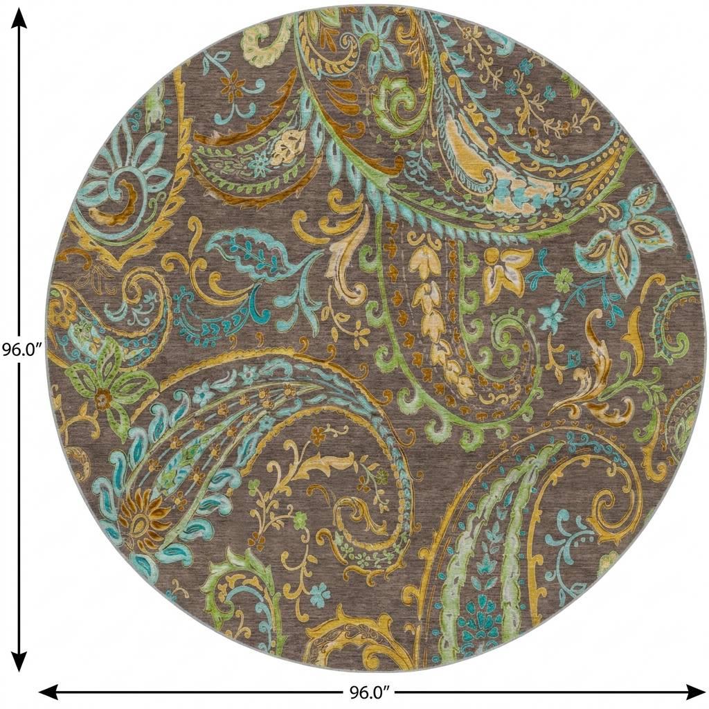 8' Chocolate And Teal Paisley Shag Washable Round Rug With UV Protection - HomeRoots - Flyclothing LLC