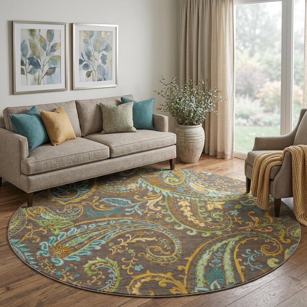8' Chocolate And Teal Paisley Shag Washable Round Rug With UV Protection - HomeRoots - Flyclothing LLC