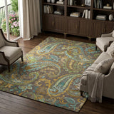 9' X 12' Chocolate And Teal Paisley Shag Washable Area Rug With UV Protection - HomeRoots - Flyclothing LLC