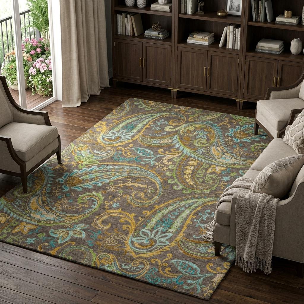 9' X 12' Chocolate And Teal Paisley Shag Washable Area Rug With UV Protection - HomeRoots - Flyclothing LLC