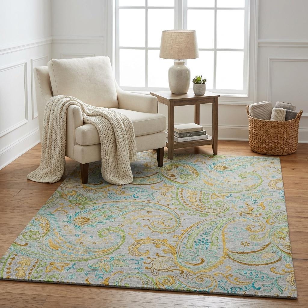 5' X 8' Gray And Teal Paisley Shag Washable Area Rug With UV Protection - HomeRoots - Flyclothing LLC