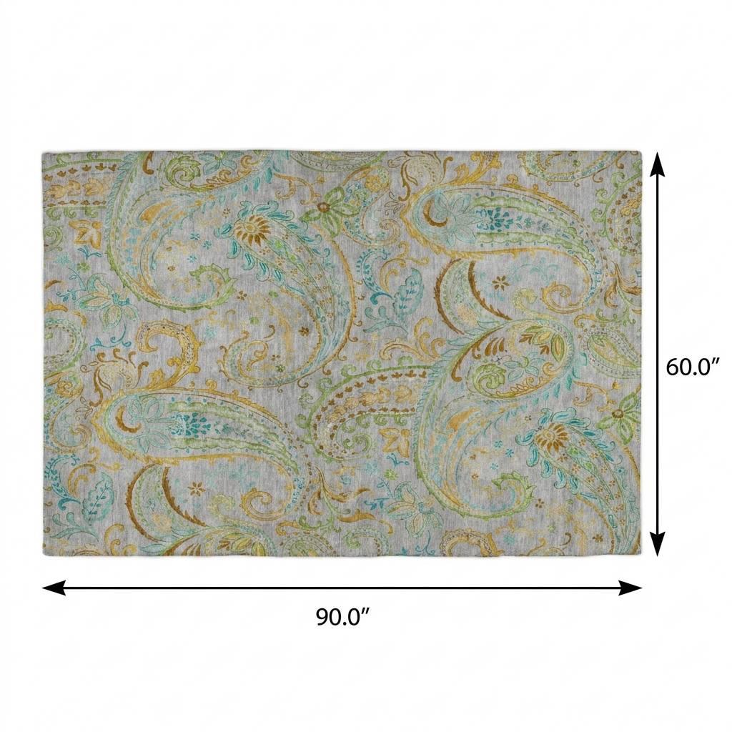 5' X 8' Gray And Teal Paisley Shag Washable Area Rug With UV Protection - HomeRoots - Flyclothing LLC