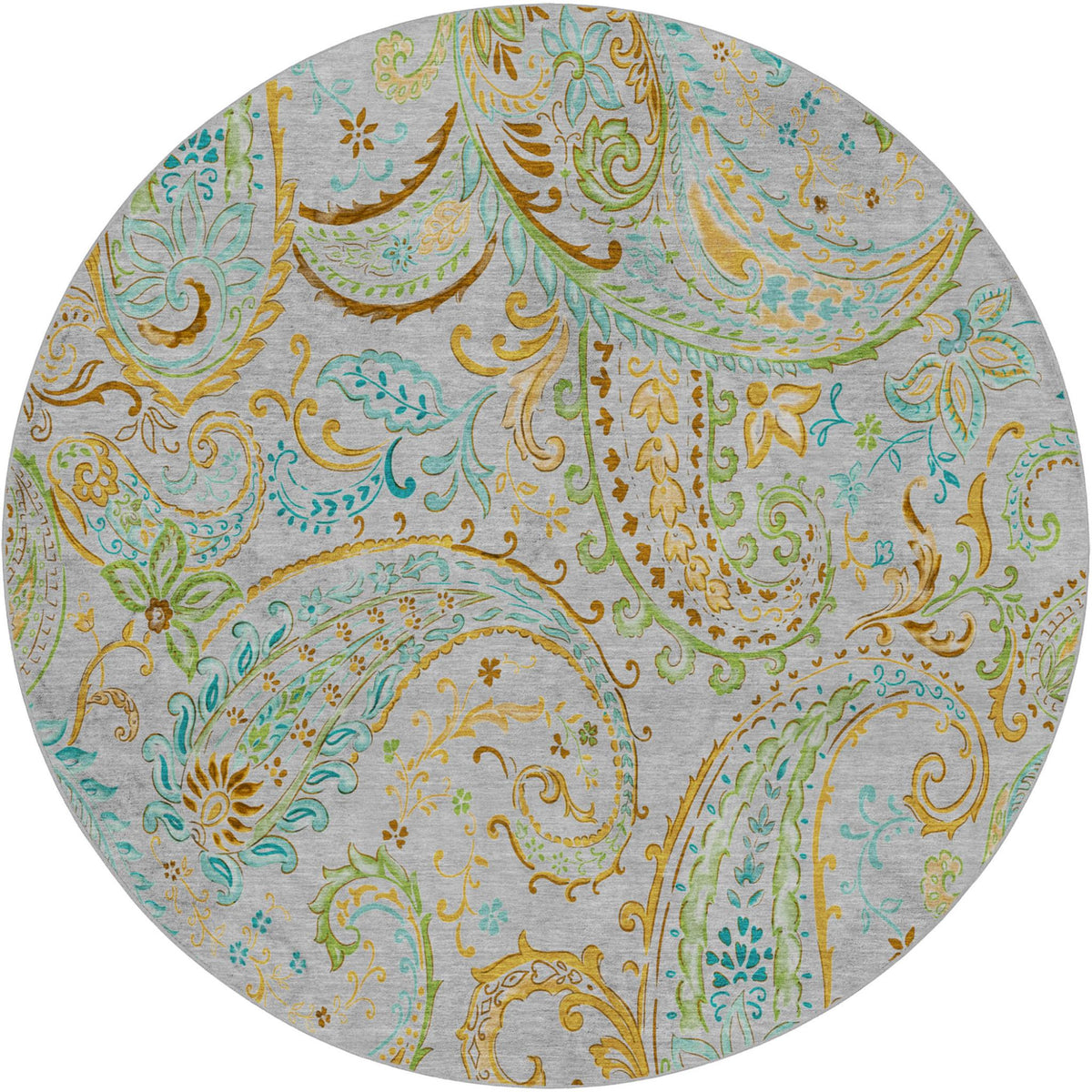 8' Gray And Teal Paisley Shag Washable Round Rug With UV Protection - HomeRoots - Flyclothing LLC