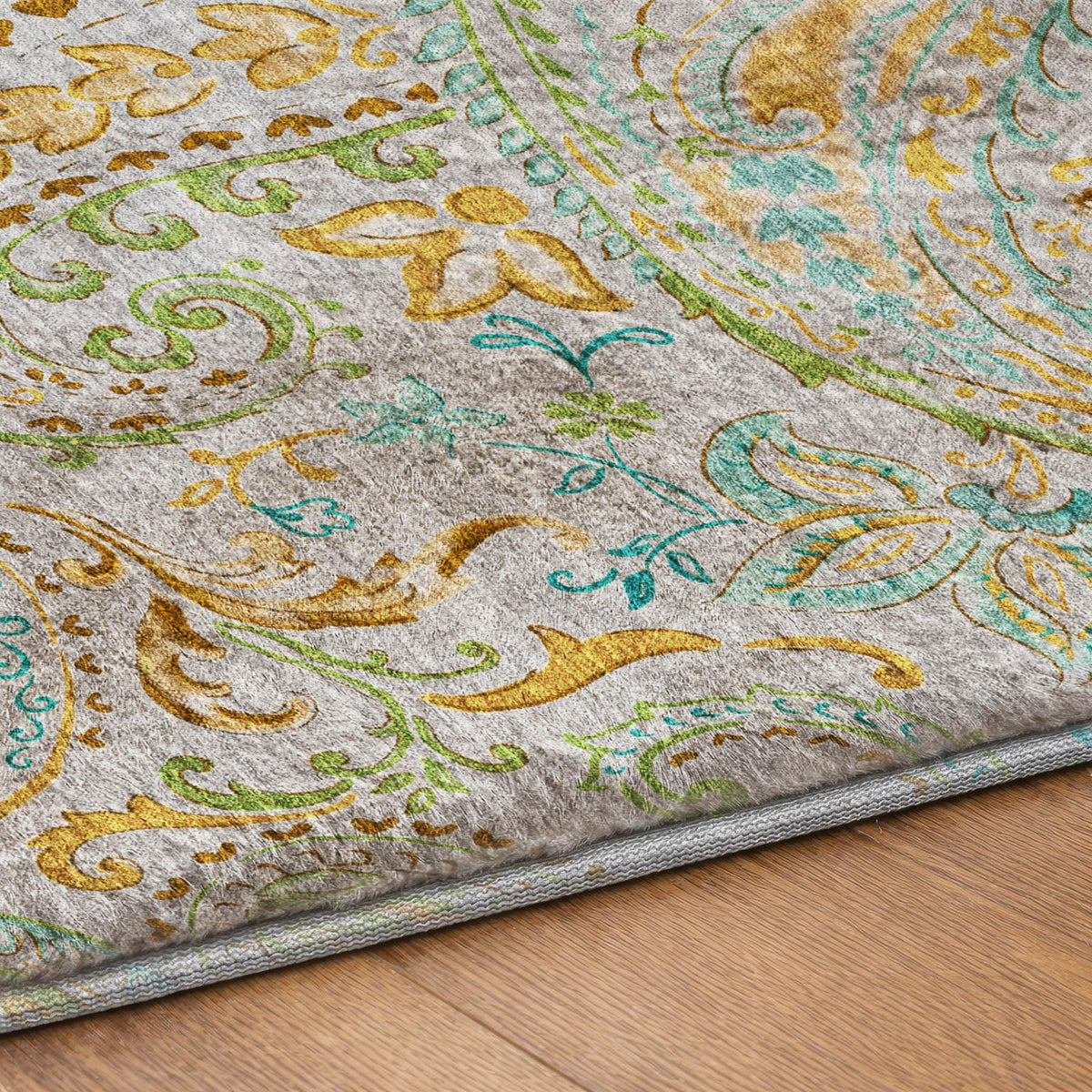 8' Gray And Teal Paisley Shag Washable Round Rug With UV Protection - HomeRoots - Flyclothing LLC