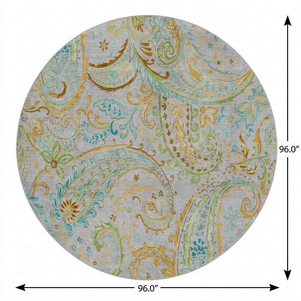8' Gray And Teal Paisley Shag Washable Round Rug With UV Protection - HomeRoots - Flyclothing LLC