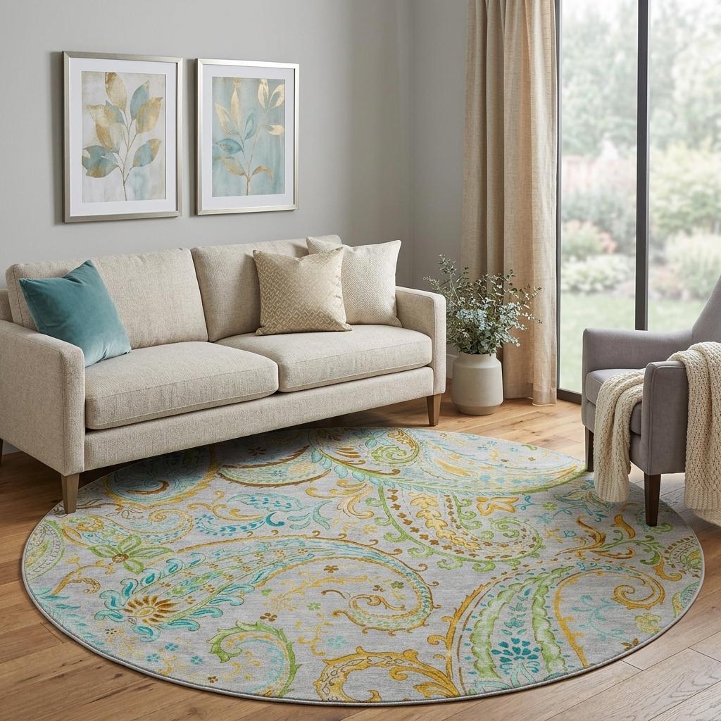 8' Gray And Teal Paisley Shag Washable Round Rug With UV Protection - HomeRoots - Flyclothing LLC