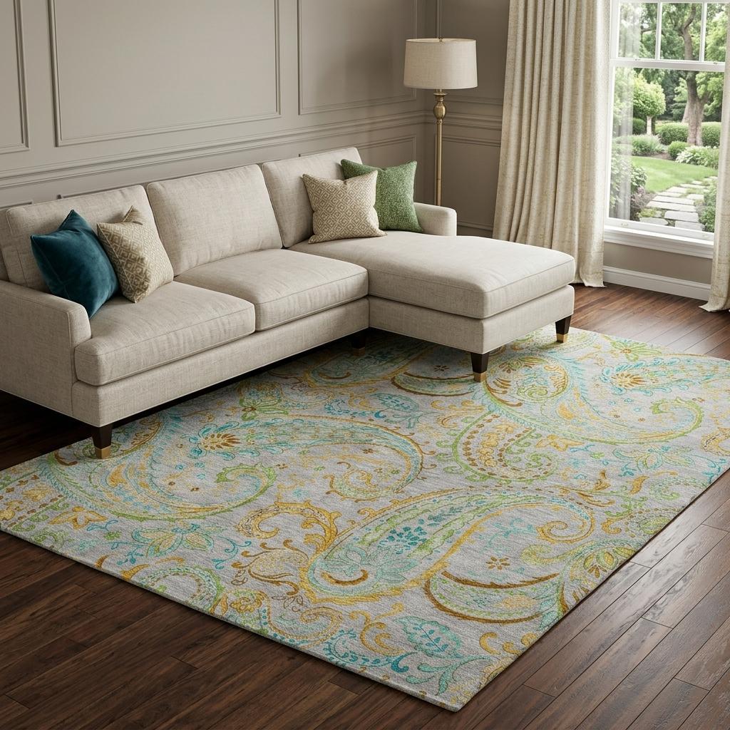 8' X 10' Gray And Teal Paisley Shag Washable Area Rug With UV Protection - HomeRoots - Flyclothing LLC
