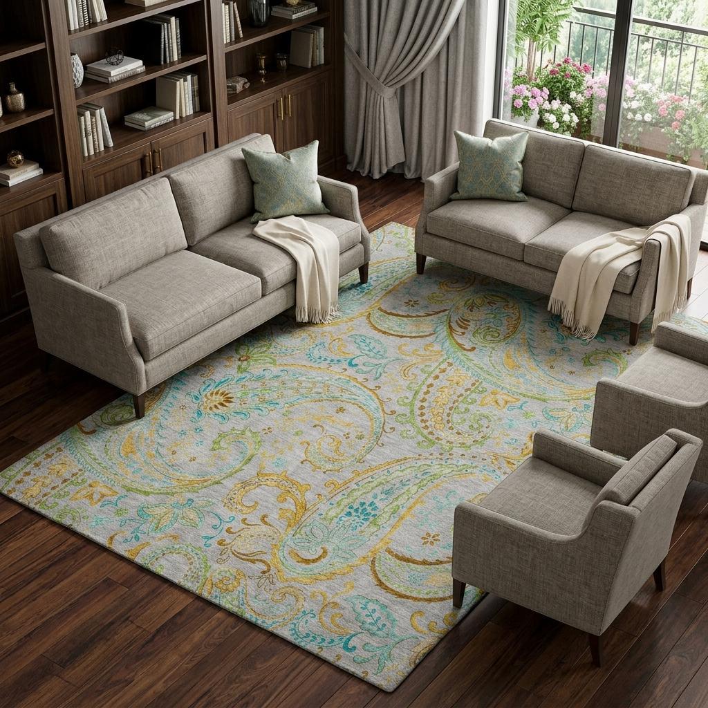 9' X 12' Gray And Teal Paisley Shag Washable Area Rug With UV Protection - HomeRoots - Flyclothing LLC