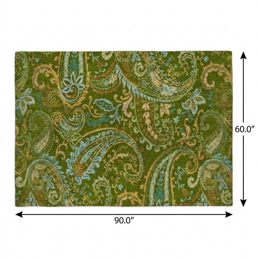 5' X 8' Green And Teal Paisley Shag Washable Area Rug With UV Protection - HomeRoots - Flyclothing LLC