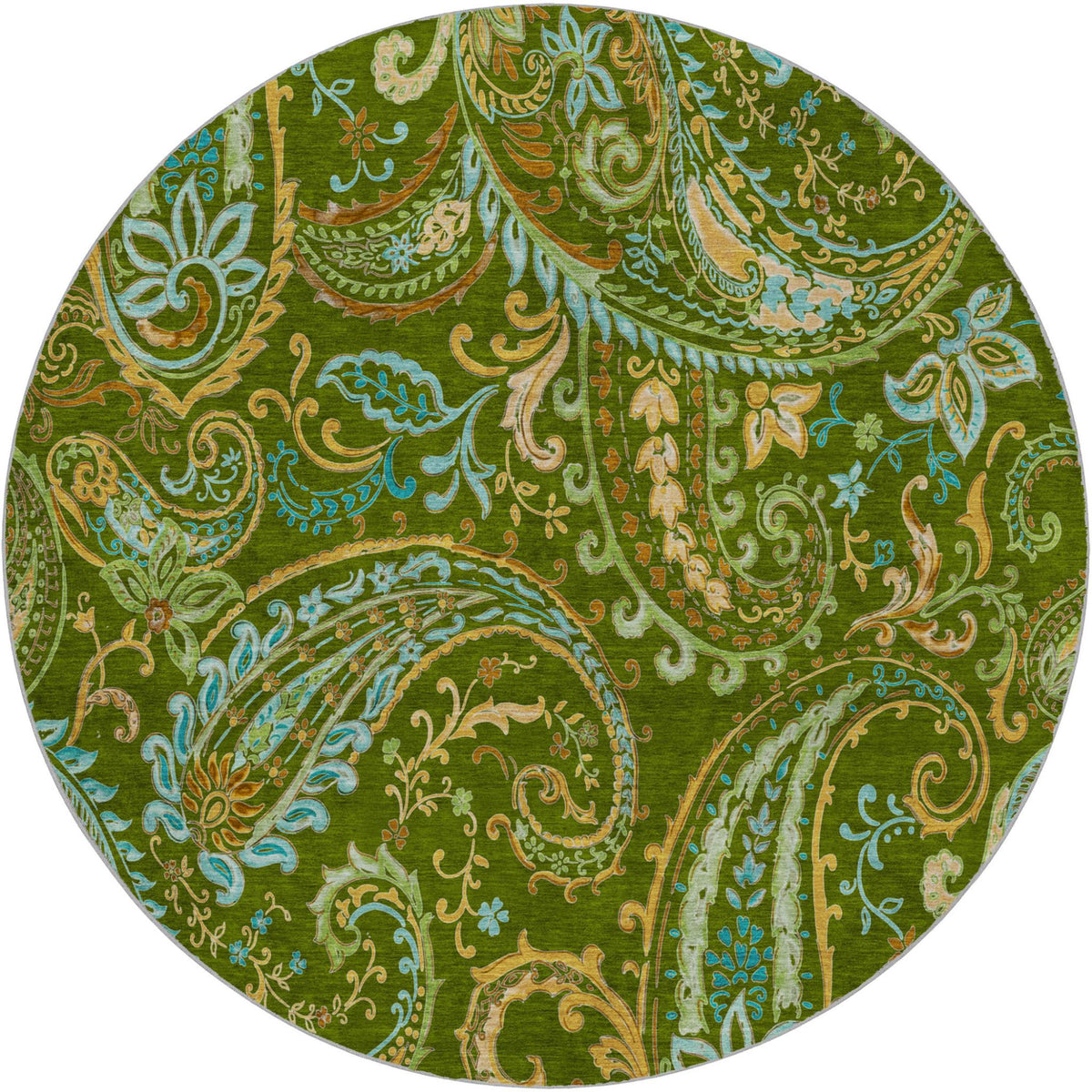 8' Green And Teal Paisley Shag Washable Round Rug With UV Protection - HomeRoots - Flyclothing LLC