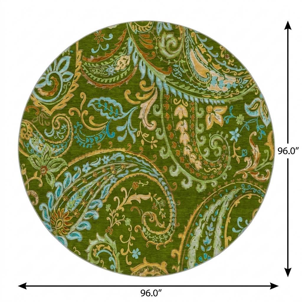8' Green And Teal Paisley Shag Washable Round Rug With UV Protection - HomeRoots - Flyclothing LLC