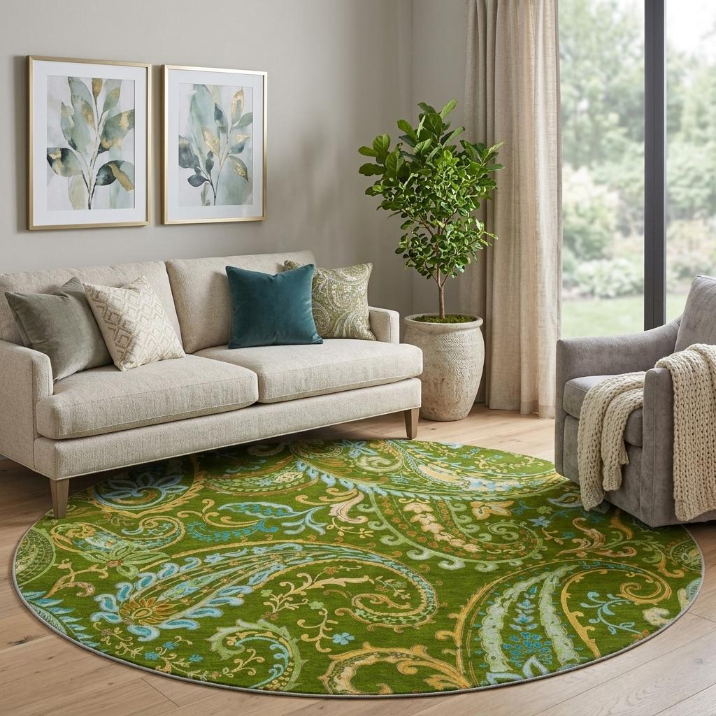 8' Green And Teal Paisley Shag Washable Round Rug With UV Protection - HomeRoots - Flyclothing LLC