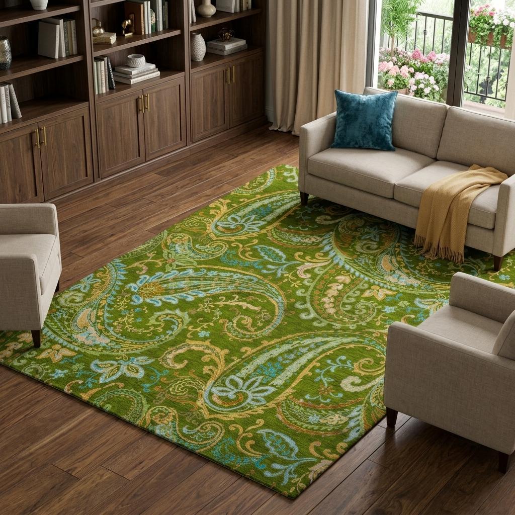 10' X 14' Green And Teal Paisley Shag Washable Area Rug With UV Protection - HomeRoots - Flyclothing LLC