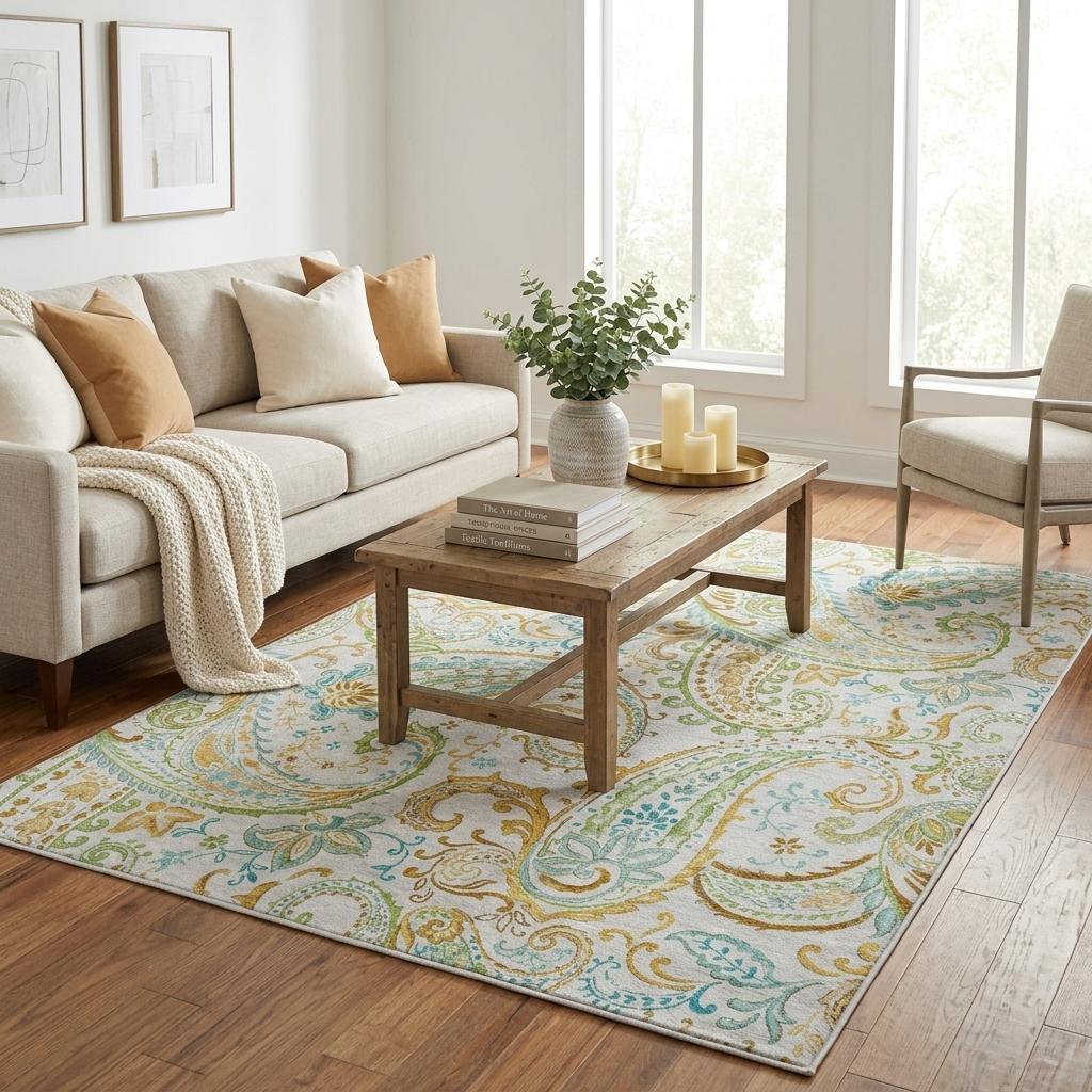5' X 8' Ivory And Teal Paisley Shag Washable Area Rug With UV Protection - HomeRoots - Flyclothing LLC