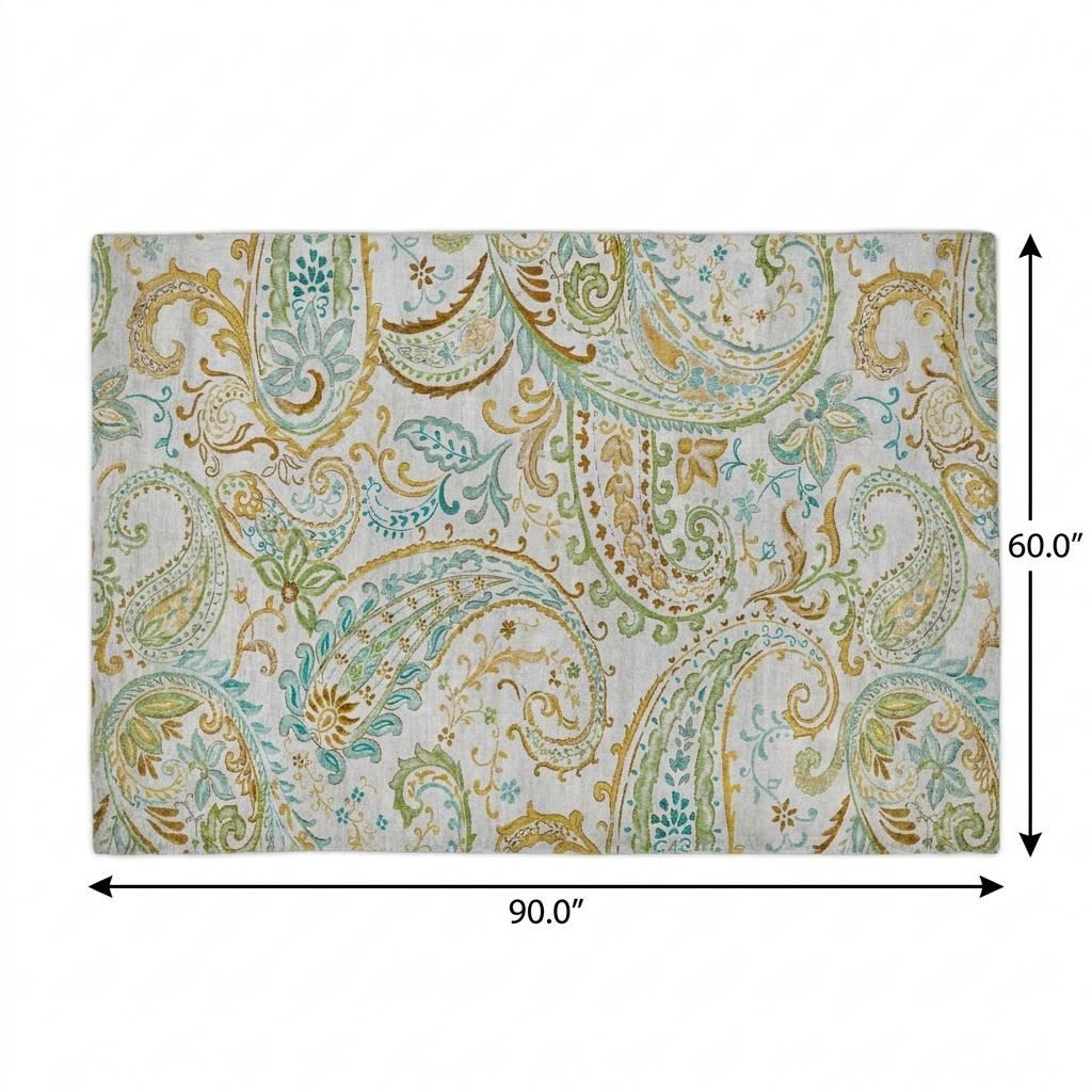 5' X 8' Ivory And Teal Paisley Shag Washable Area Rug With UV Protection - HomeRoots - Flyclothing LLC