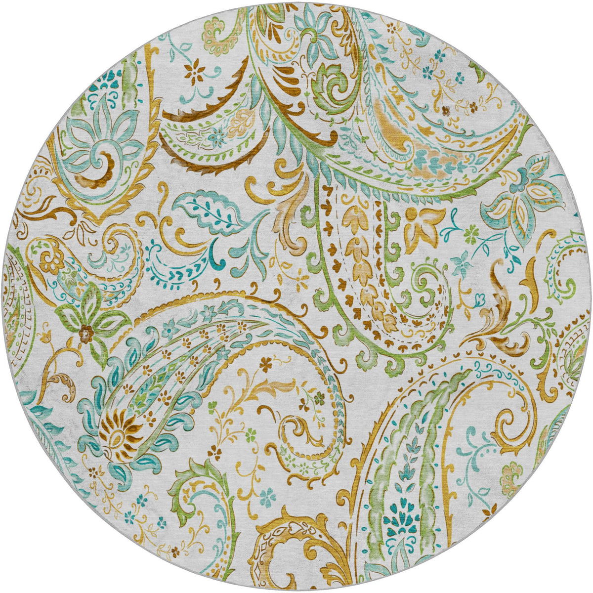 8' Ivory And Teal Paisley Shag Washable Round Rug With UV Protection - HomeRoots - Flyclothing LLC